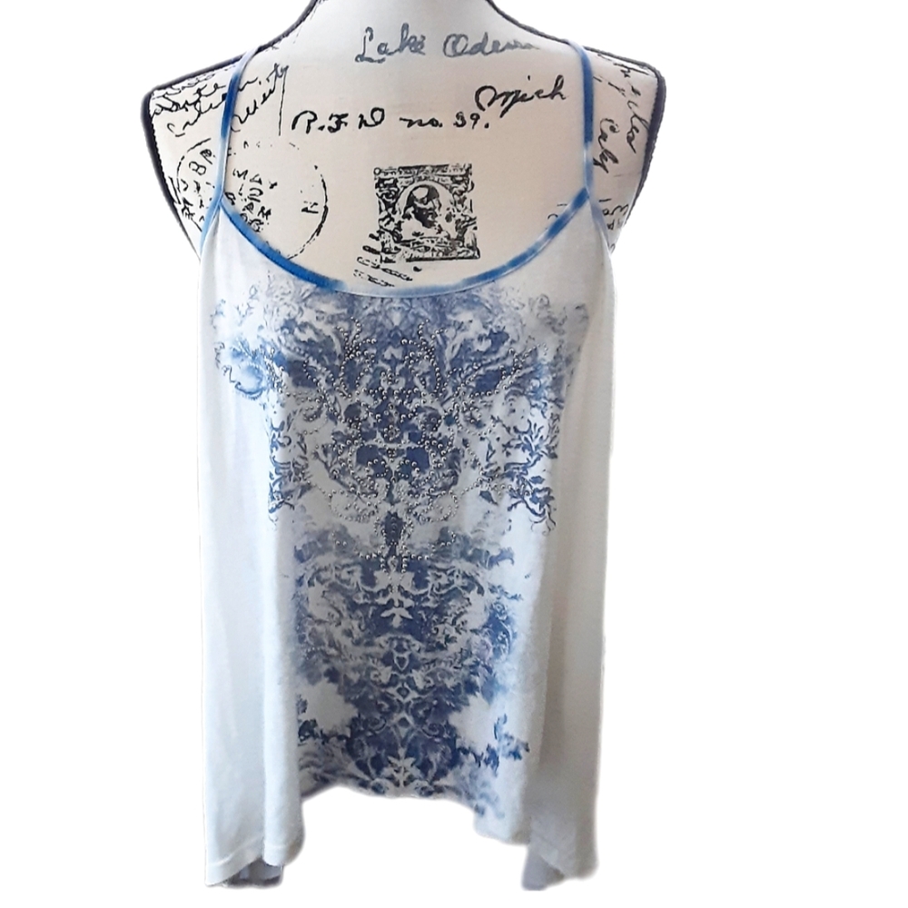 NEW MISS ME EMBELLISHED TANK BLING FRONT DESIGN JERSEY KNIT SHEER OPEN BACK XL